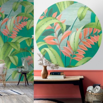 Vidám színes kör alakú fali poszter nagy levelekkel (vlies, átmérő: 135 cm)  84817310