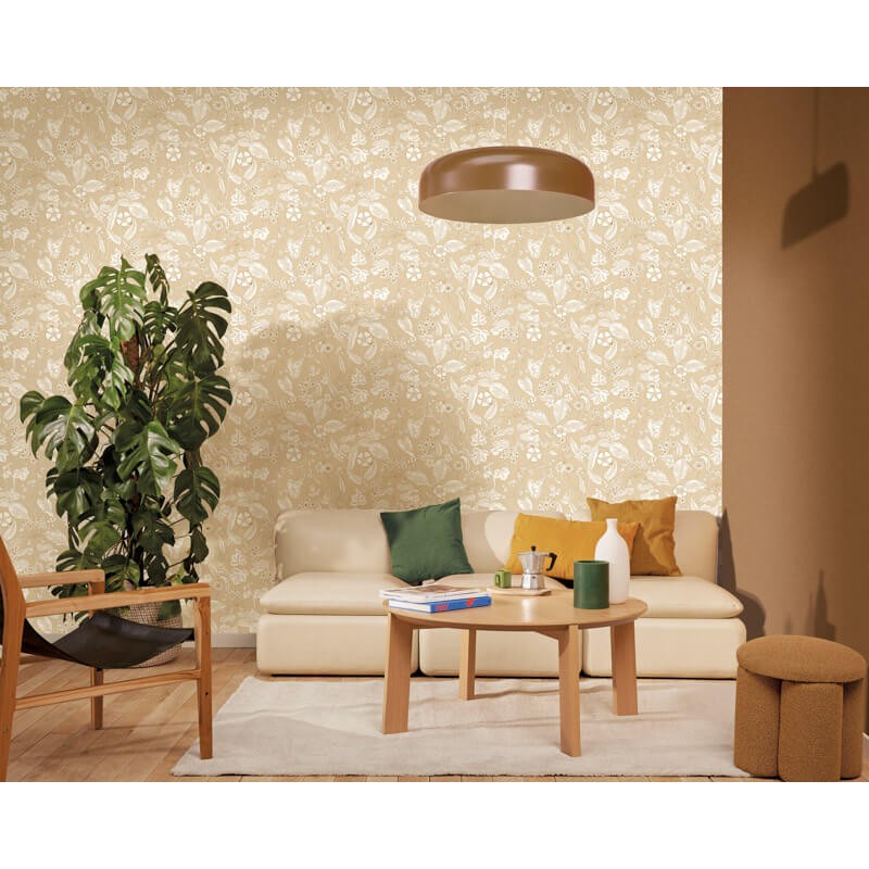 Bézs alapon fehér virágos design tapéta 106601010 (Light)