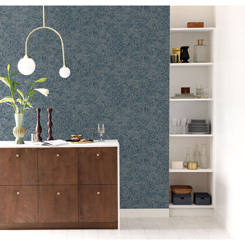 Sötétkék bézs virágos design tapéta 106616026 (Light)