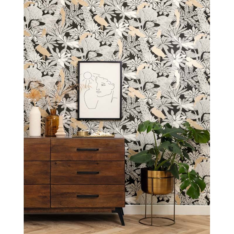 Trópusi növénymintás tapéta fehér alapon fekete és arany 104269911 (Moonlight 2)