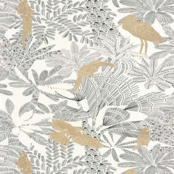 Trópusi növénymintás tapéta fehér alapon fekete és arany 104269911 (Moonlight 2)