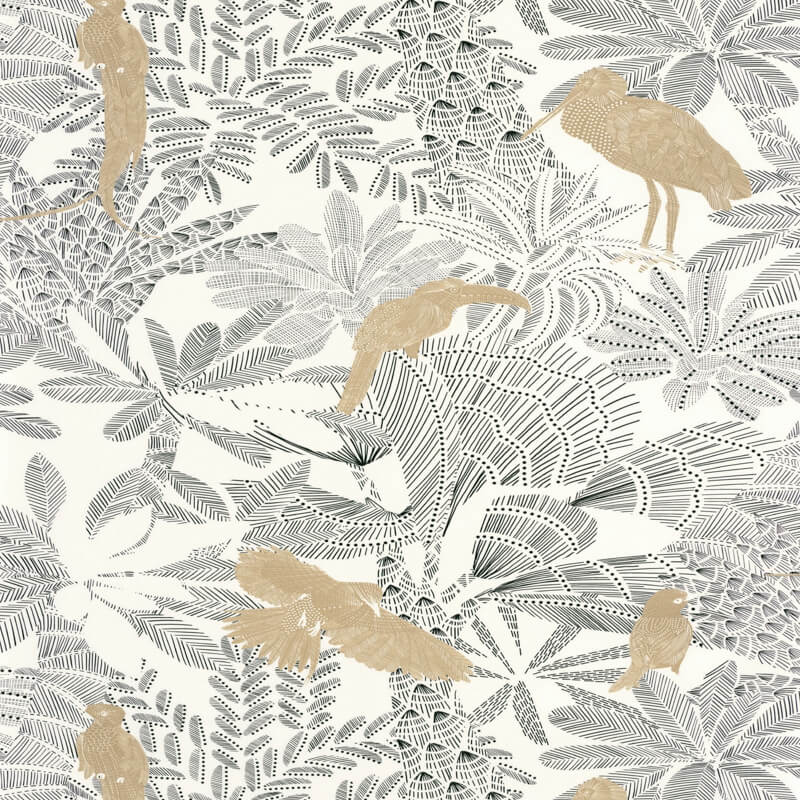 Trópusi növénymintás tapéta fehér alapon fekete és arany 104269911 (Moonlight 2)