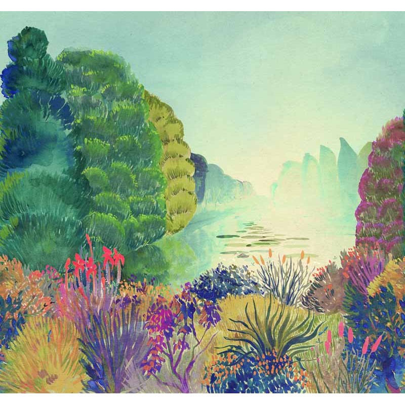 Bohém fali poszter fák színes növények zöld lila magenta (300 X 318 cm) DW2022