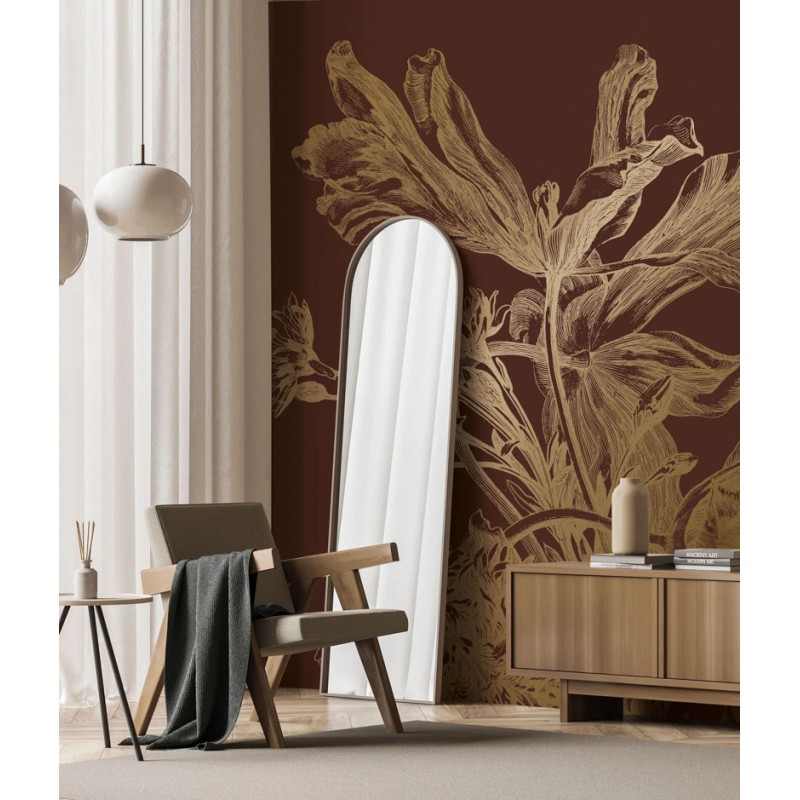 Bordó háttérrel arany metál effekt elegáns posztertapéta, 3 méretben (300X280 cm) (Engraved Flowers) MW-025