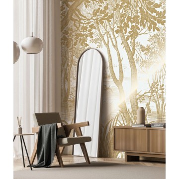 Fehér háttérrel arany növénymintás fali poszter metál effekt, 3 méretben (300X280 cm) (Engraved Landscapes) MW-040