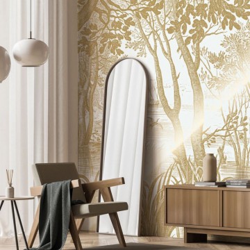 Fehér háttérrel arany növénymintás fali poszter metál effekt, 3 méretben (300X280 cm) (Engraved Landscapes) MW-040