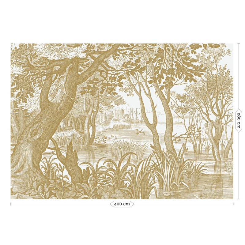Fehér háttérrel arany növénymintás fali poszter metál effekt, 3 méretben (300X280 cm) (Engraved Landscapes) MW-040