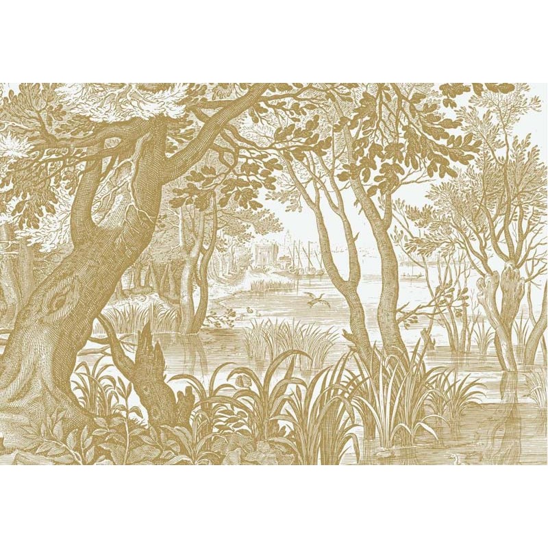 Fehér háttérrel arany növénymintás fali poszter metál effekt, 3 méretben (300X280 cm) (Engraved Landscapes) MW-040