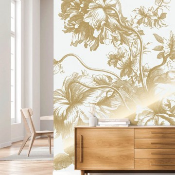 Fehér alapon arany metál effekt elegáns virágmintás posztertapéta, 3 méretben (300X280 cm) (Engraved Flowers) MW-113