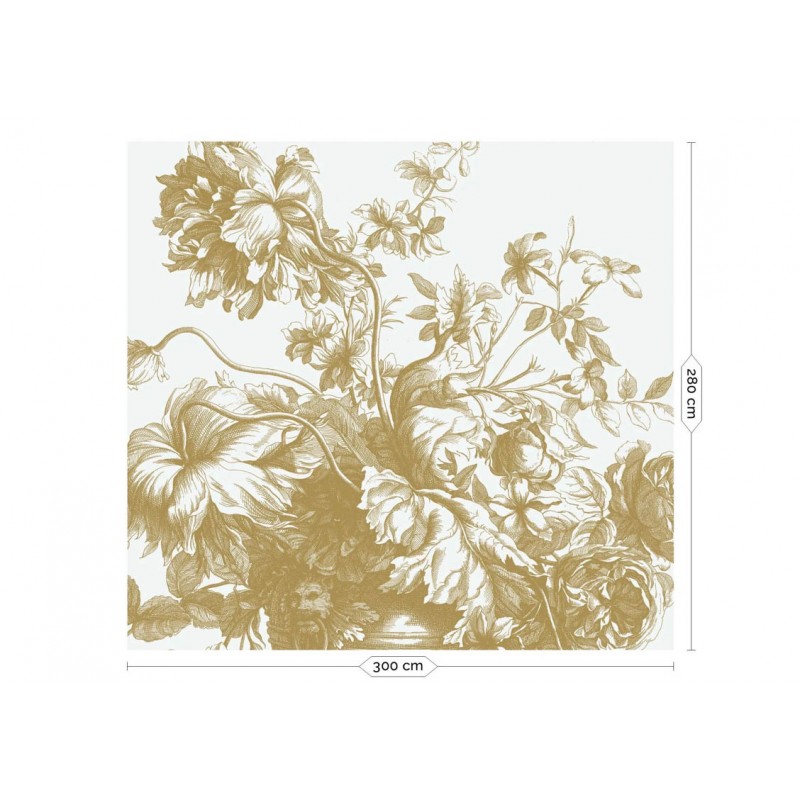 Fehér alapon arany metál effekt elegáns virágmintás posztertapéta, 3 méretben (300X280 cm) (Engraved Flowers) MW-113