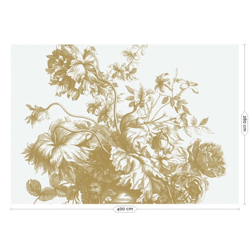 Fehér alapon arany metál effekt elegáns virágmintás posztertapéta, 3 méretben (300X280 cm) (Engraved Flowers) MW-113