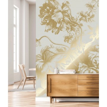 Homokszínű alapon arany metál effekt elegáns virágmintás posztertapéta, 3 méretben (300X280 cm) (Engraved Flowers) MW-116