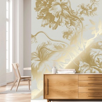 Homokszínű alapon arany metál effekt elegáns virágmintás posztertapéta, 3 méretben (300X280 cm) (Engraved Flowers) MW-116