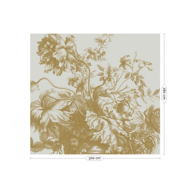 Homokszínű alapon arany metál effekt elegáns virágmintás posztertapéta, 3 méretben (300X280 cm) (Engraved Flowers) MW-116