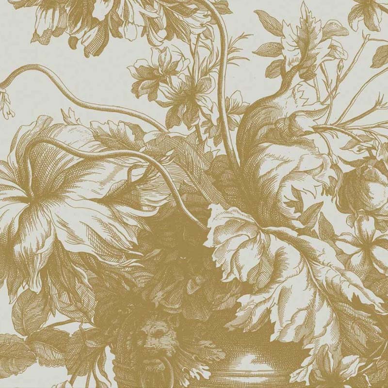 Homokszínű alapon arany metál effekt elegáns virágmintás posztertapéta, 3 méretben (300X280 cm) (Engraved Flowers) MW-116