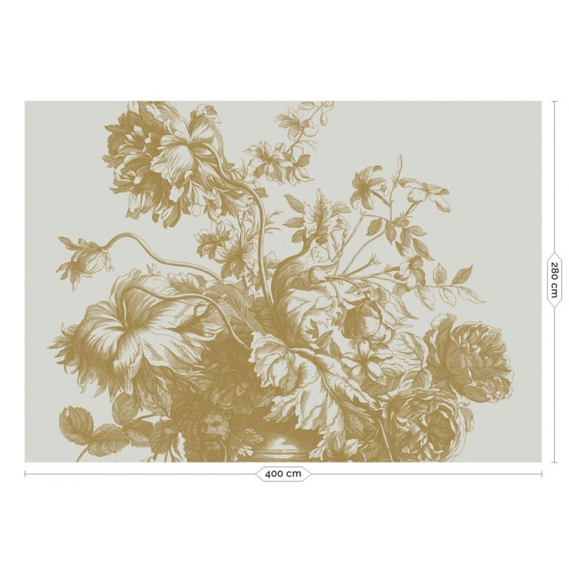 Homokszínű alapon arany metál effekt elegáns virágmintás posztertapéta, 3 méretben (300X280 cm) (Engraved Flowers) MW-116