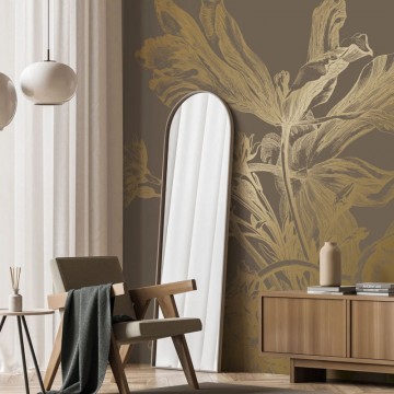 Barna alapon arany metál effekt nagy virágos fali poszter, 3 méretben (300X280 cm) (Engraved Flowers) MW-200