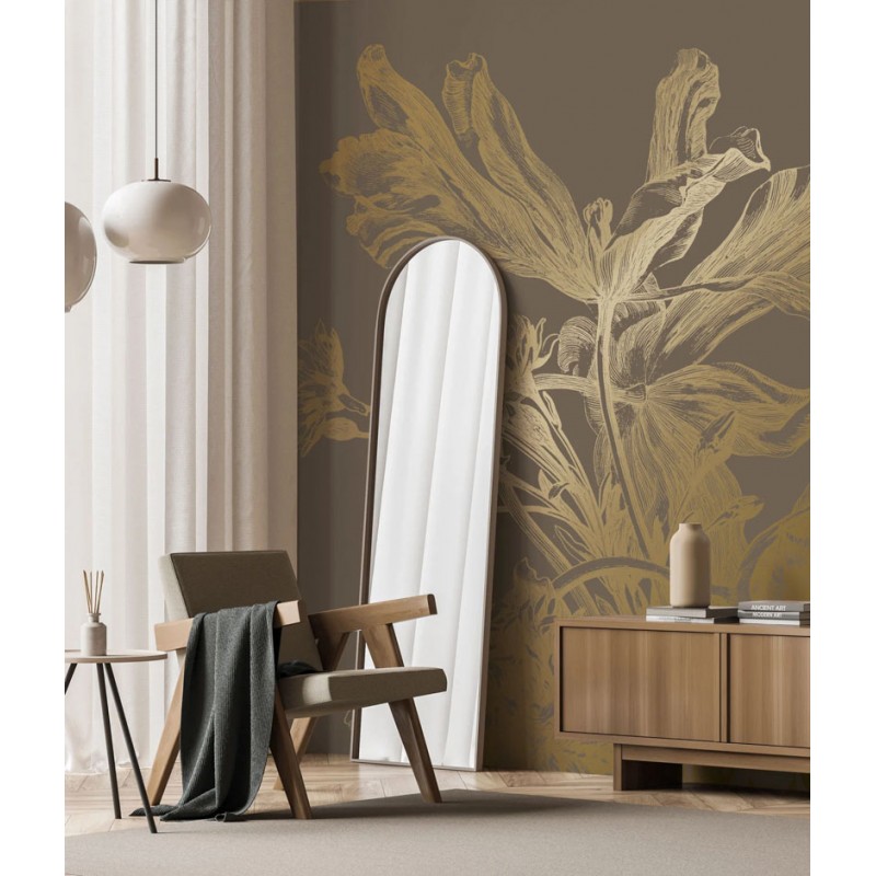 Barna alapon arany metál effekt nagy virágos fali poszter, 3 méretben (300X280 cm) (Engraved Flowers) MW-200