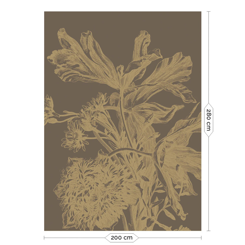 Barna alapon arany metál effekt nagy virágos fali poszter, 3 méretben (300X280 cm) (Engraved Flowers) MW-200