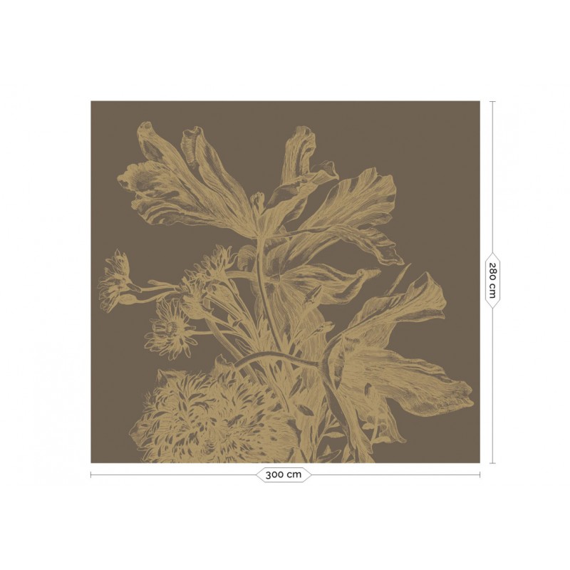 Barna alapon arany metál effekt nagy virágos fali poszter, 3 méretben (300X280 cm) (Engraved Flowers) MW-200
