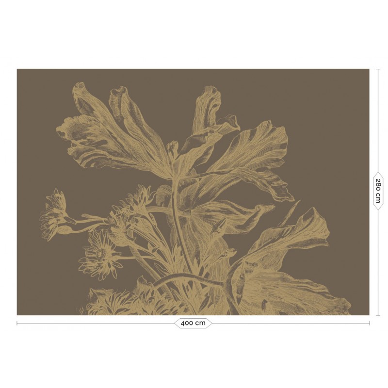 Barna alapon arany metál effekt nagy virágos fali poszter, 3 méretben (300X280 cm) (Engraved Flowers) MW-200