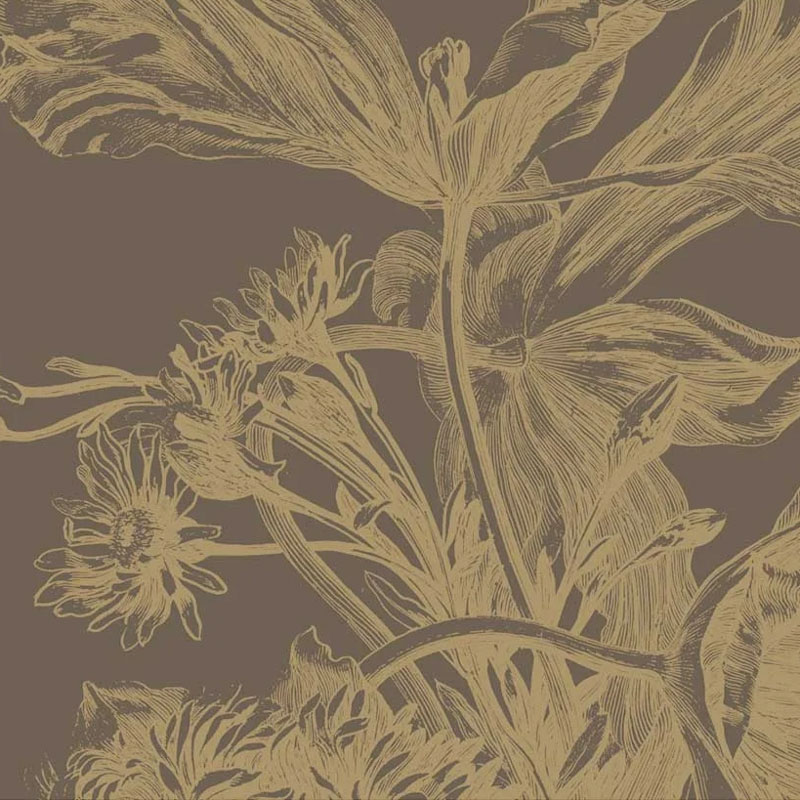 Barna alapon arany metál effekt nagy virágos fali poszter, 3 méretben (300X280 cm) (Engraved Flowers) MW-200