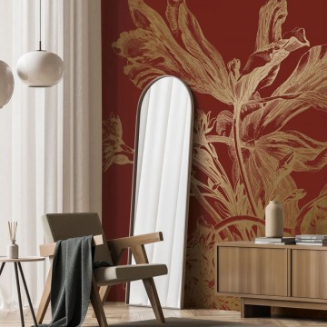 Bordó alapon arany metál effekt nagy virágos fali poszter, 3 méretben (300X280 cm) (Engraved Flowers) MW-206