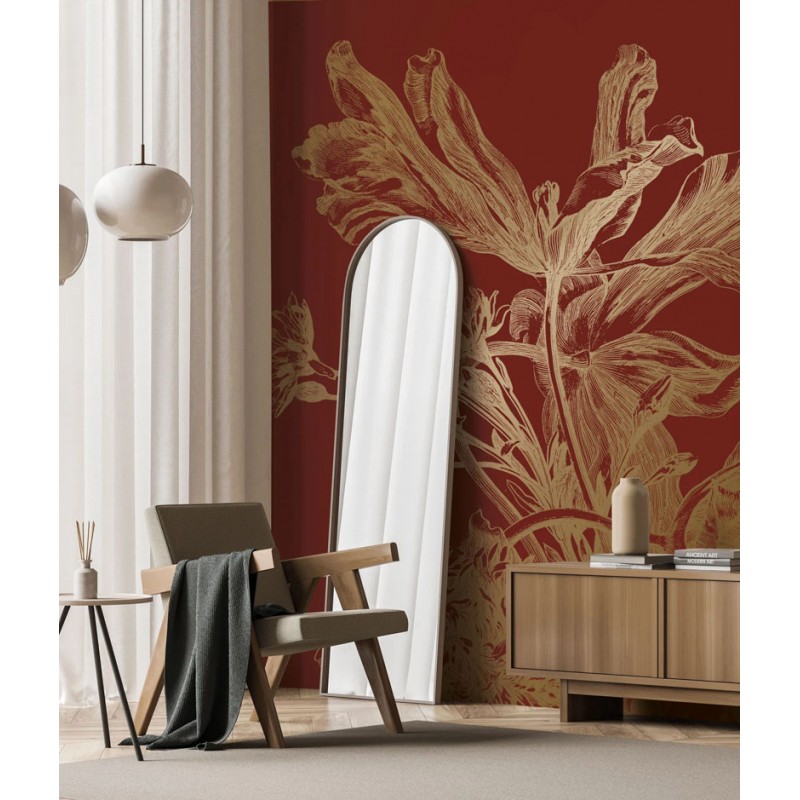 Bordó alapon arany metál effekt nagy virágos fali poszter, 3 méretben (300X280 cm) (Engraved Flowers) MW-206