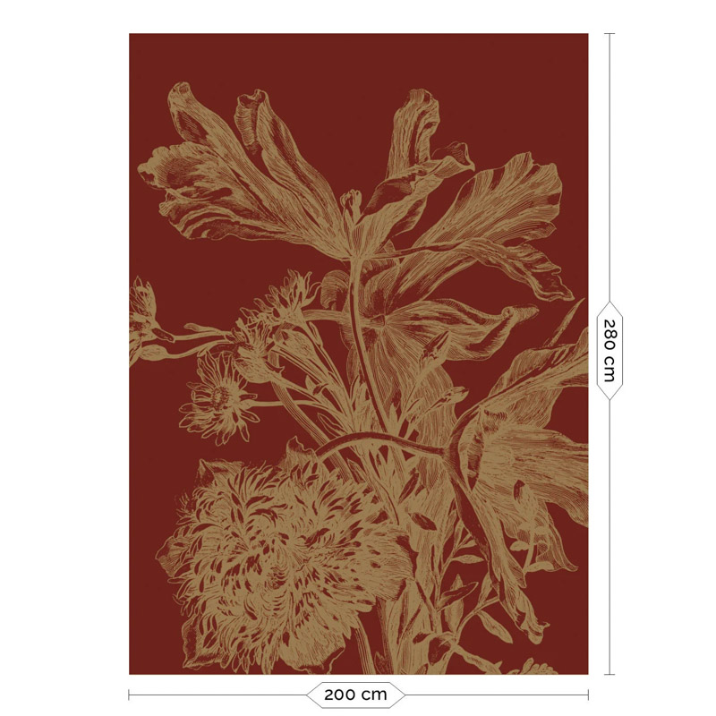 Bordó alapon arany metál effekt nagy virágos fali poszter, 3 méretben (300X280 cm) (Engraved Flowers) MW-206
