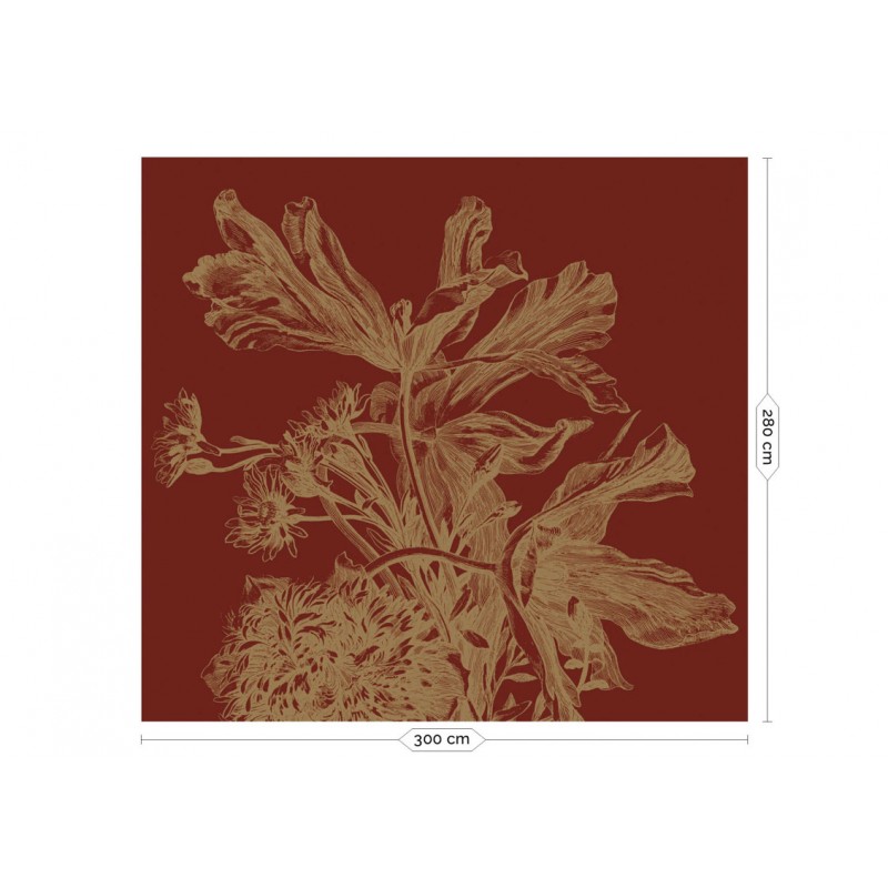 Bordó alapon arany metál effekt nagy virágos fali poszter, 3 méretben (300X280 cm) (Engraved Flowers) MW-206