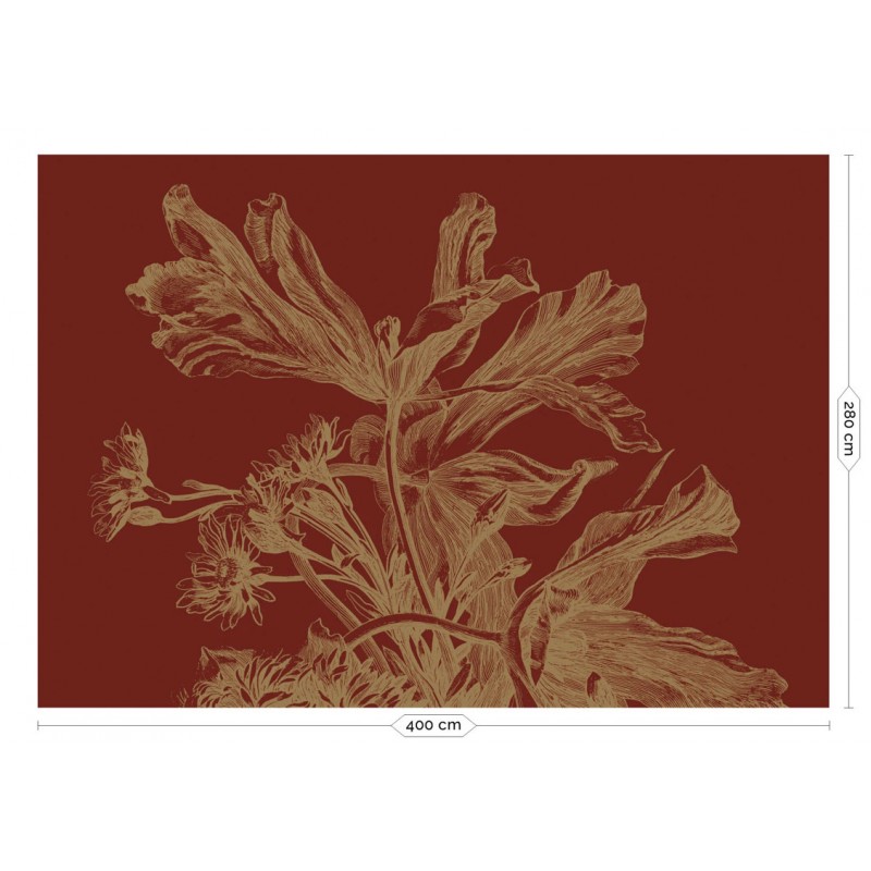 Bordó alapon arany metál effekt nagy virágos fali poszter, 3 méretben (300X280 cm) (Engraved Flowers) MW-206