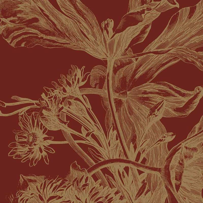 Bordó alapon arany metál effekt nagy virágos fali poszter, 3 méretben (300X280 cm) (Engraved Flowers) MW-206