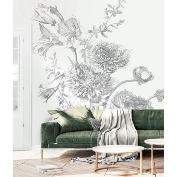Fekete fehér nagy virágos fali poszter, 3 méretben (300X280 cm) (Engraved Flowers) WP-330