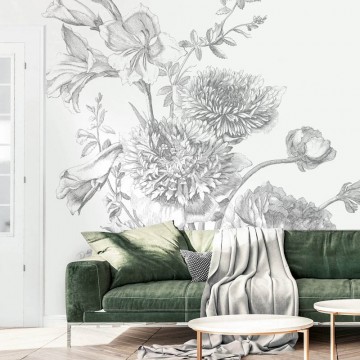 Fekete fehér nagy virágos fali poszter, 3 méretben (300X280 cm) (Engraved Flowers) WP-330