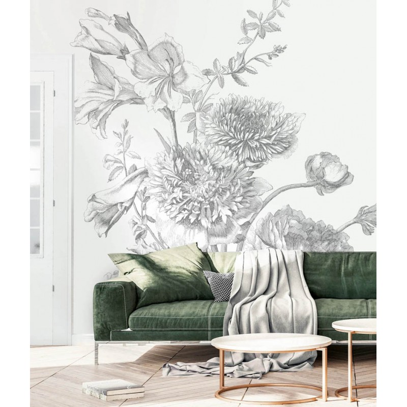 Fekete fehér nagy virágos fali poszter, 3 méretben (300X280 cm) (Engraved Flowers) WP-330