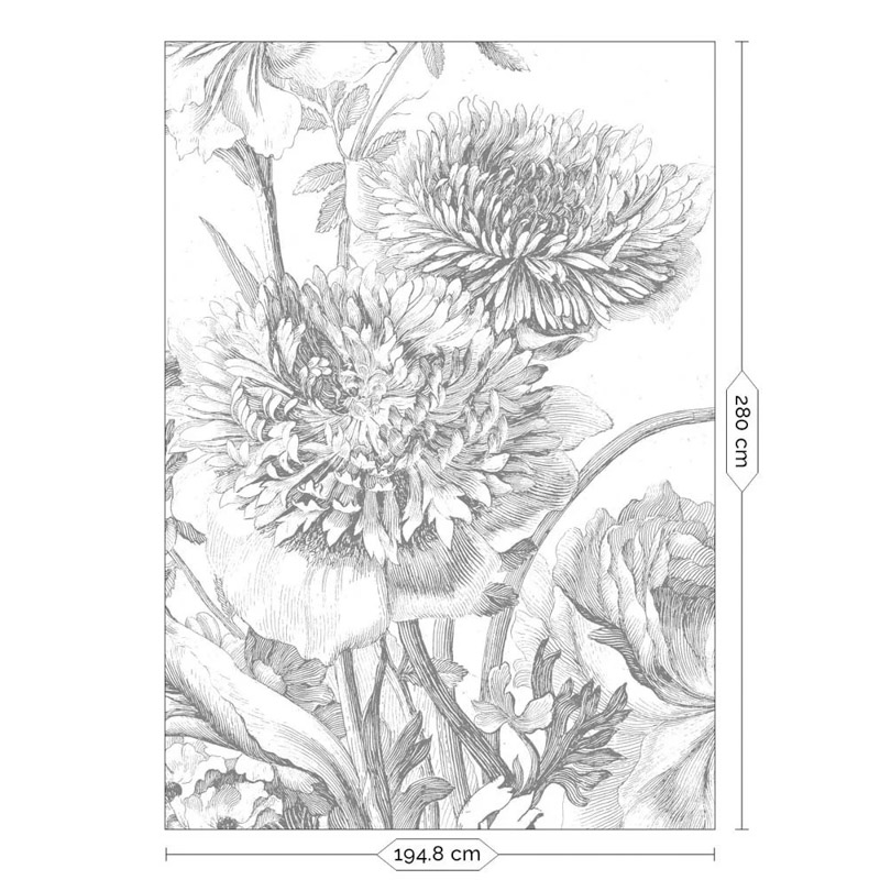 Fekete fehér nagy virágos fali poszter, 3 méretben (300X280 cm) (Engraved Flowers) WP-330
