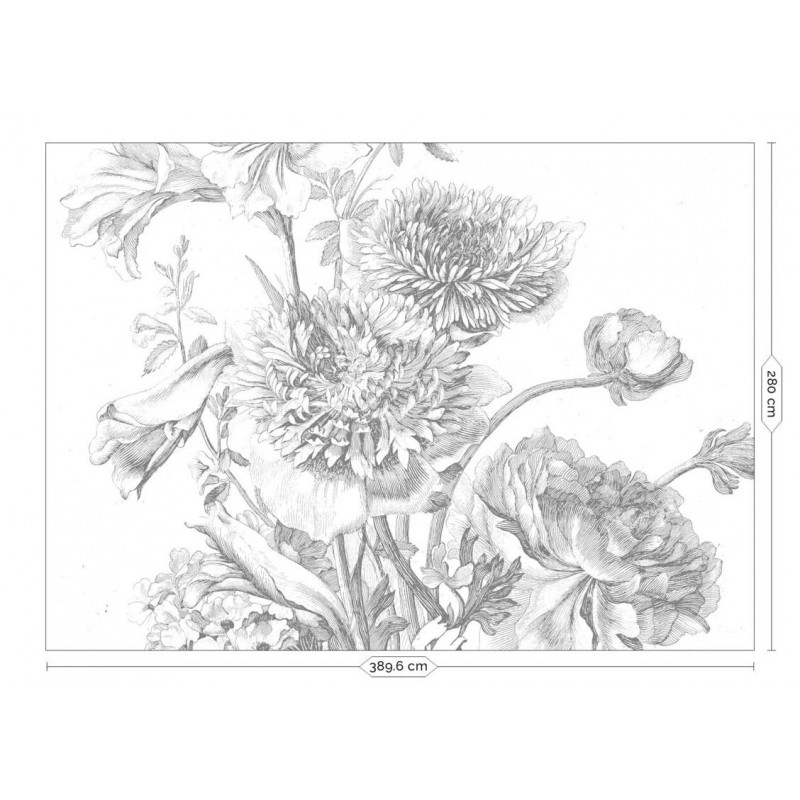 Fekete fehér nagy virágos fali poszter, 3 méretben (300X280 cm) (Engraved Flowers) WP-330