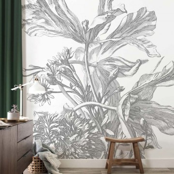 Fekete fehér nagy virágos posztertapéta, 3 méretben (300X280 cm) (Engraved Flowers) WP-669