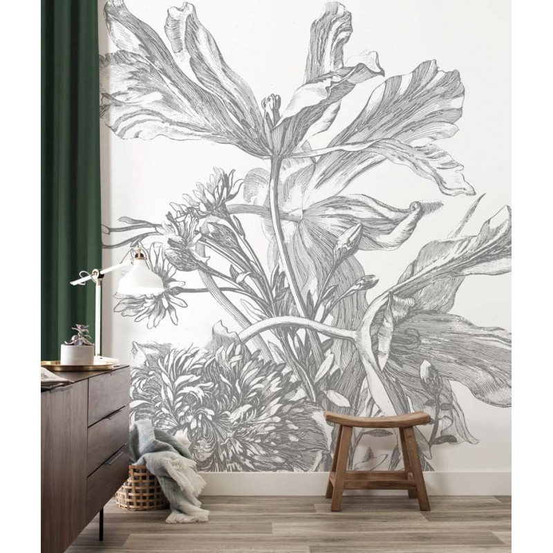 Fekete fehér nagy virágos posztertapéta, 3 méretben (300X280 cm) (Engraved Flowers) WP-669