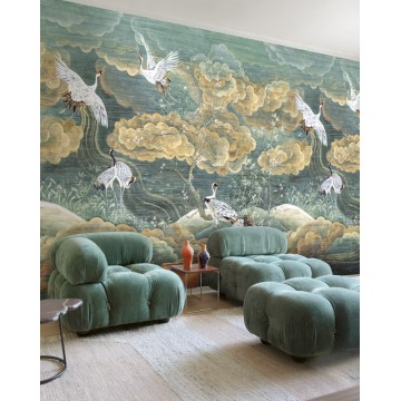 Keleties hangulatú design poszter madarakkal zöld sárga (318X260 vagy 300 cm) TRA403