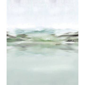 Tájkép hegyekkel, csónakkal, pasztell zöld fali poszter DGEAR101 (254X300 cm)