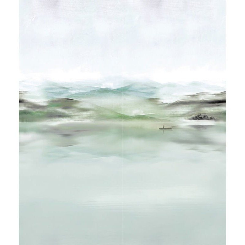 Tájkép hegyekkel, csónakkal, pasztell zöld fali poszter DGEAR101 (254X300 cm)