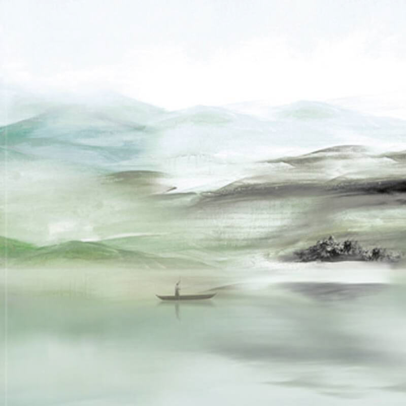 Tájkép hegyekkel, csónakkal, pasztell zöld fali poszter DGEAR101 (254X300 cm)