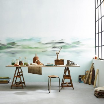 Tájkép hegyekkel, csónakkal, pasztell zöld fali poszter DGEAR101 (254X300 cm)