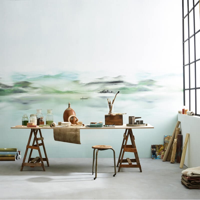 Tájkép hegyekkel, csónakkal, pasztell zöld fali poszter DGEAR101 (254X300 cm)