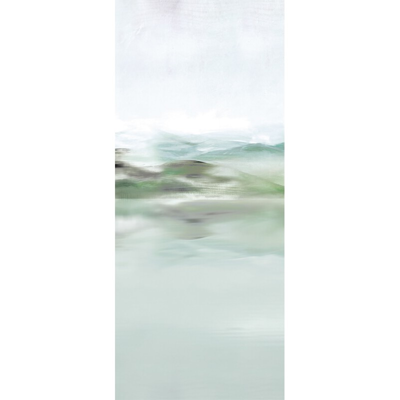 Tájkép hegyekkel, csónakkal, pasztell zöld fali poszter DGEAR101 (254X300 cm)