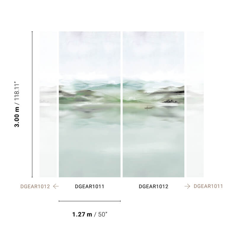 Tájkép hegyekkel, csónakkal, pasztell zöld fali poszter DGEAR101 (254X300 cm)