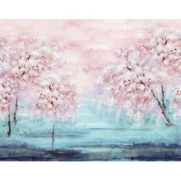 Fák virágokkal türkiz rózsaszín fali poszter DG2ISA102 (381X300 cm)