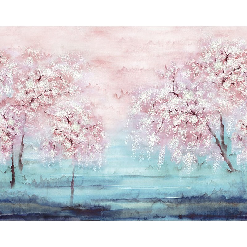 Fák virágokkal türkiz rózsaszín fali poszter DG2ISA102 (381X300 cm)