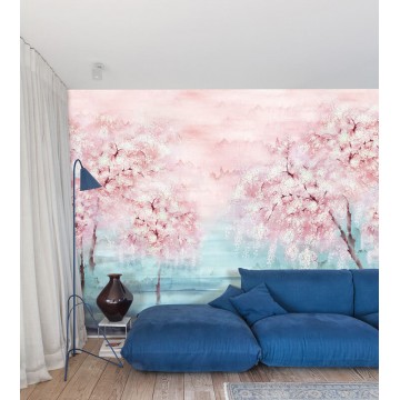 Fák virágokkal türkiz rózsaszín fali poszter DG2ISA102 (381X300 cm)